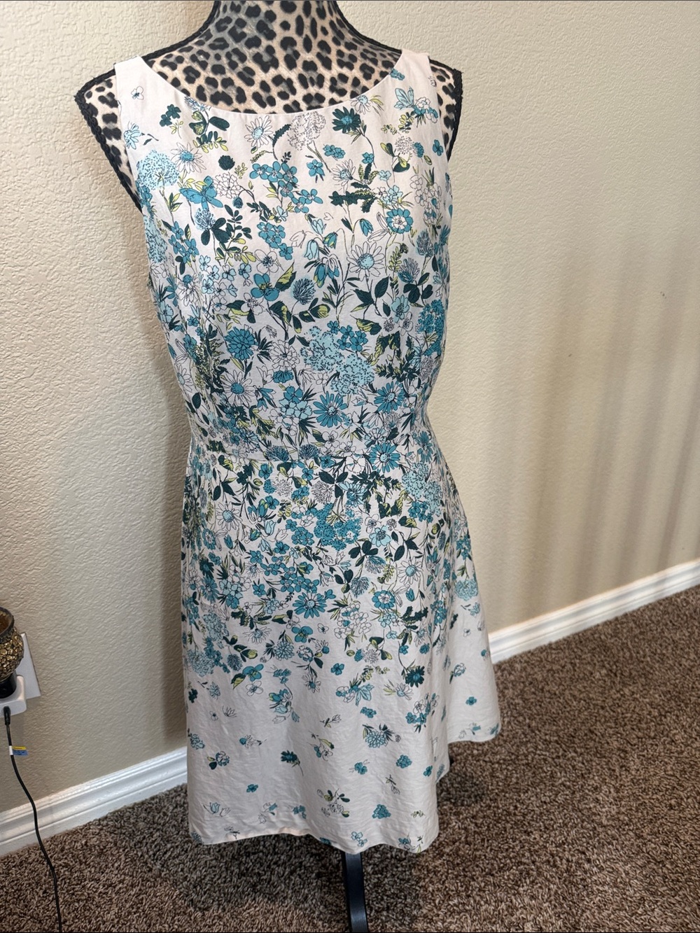 LOFT White Sleeveless Floral Fit-and-Flare Dress with Teal Print